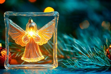 Obraz premium Glass angel ornament with internal LED glow surrounded by festive evergreen and warm lights