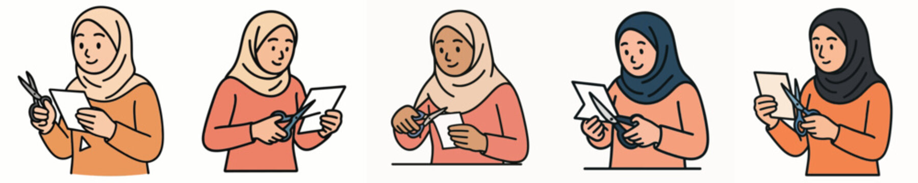 Set of vector illustrations of a woman in a hijab cutting paper with scissors.