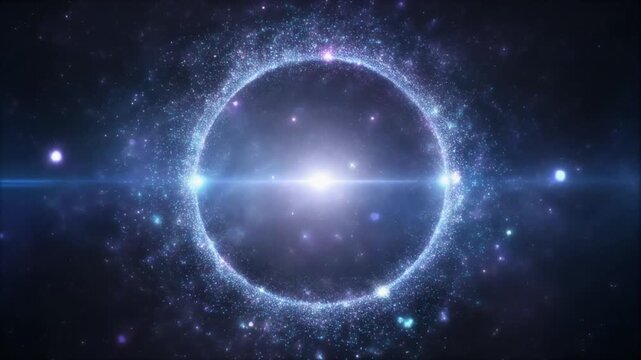 Cosmic ring loop light expanding outward with particles drifting gently in deep space