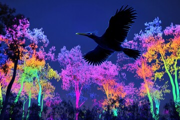 Obraz premium Giant bird soars above vibrant forest filled with colorful trees and magical atmosphere in daytime