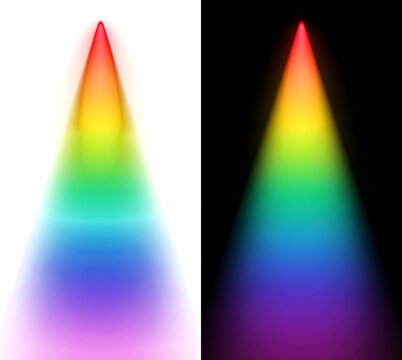 Rainbow spotlight beam shining downward with a vivid multicolor glowing cone perfect for stage and concert overlay designs featuring PNG, Transparent and Black Background Versions
