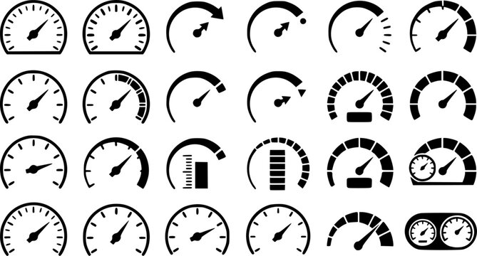 Speedometer, tachometer icon. Speedometer indicator icon collection. Speed indicator vector icons. Сolor icon set
