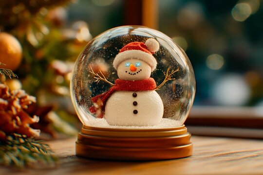 Miniature snowman inside glass winks cheerfully during winter holiday festivities