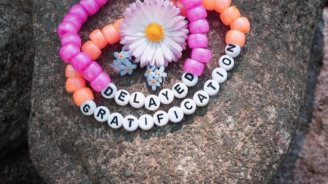 Colorful beaded bracelet made of letter beads spelling: delayed gratification. Concept of delayed gratification. Stone background decorated with flowers.