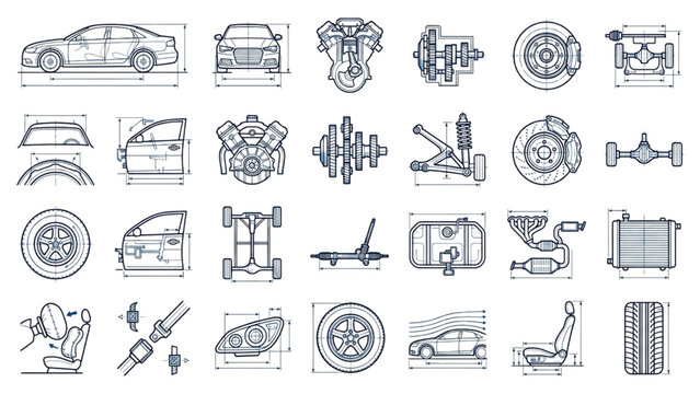 Automotive Blueprint Icons &ndash; Car Design Engineering CAD Vector Set for AutoCAD and Technical Drawings