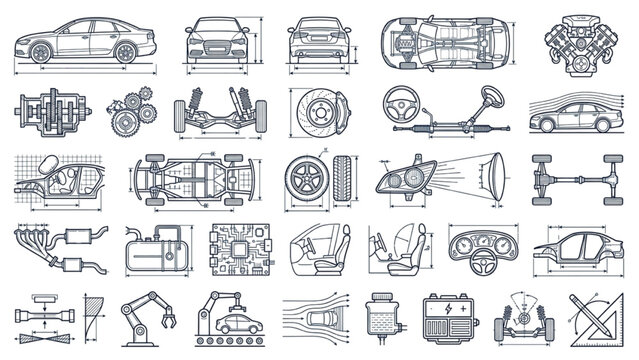Automotive Blueprint Icons &ndash; Car Design Engineering CAD Vector Set for AutoCAD and Technical Drawings