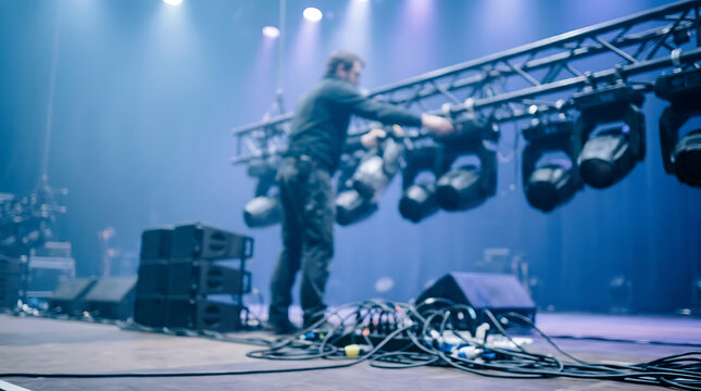 Blurred technician installing professional stage lighting and rigging equipment for event production backgrounds and industry marketing materials.
