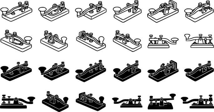 Vector set of Morse code telegraph key icons in outline and silhouette styles. Vintage communication equipment illustration for radio, telegraphy, and retro technology themes.