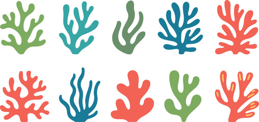Abstract Coral Reef and Seaweed Vector Icon Set with Colorful Marine Algae Shapes for Summer Beach Designs, Patterns, and Ocean Art © Sarifa