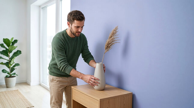 Man placing a dried pampas grass branch in a ceramic vase on a wooden commode.