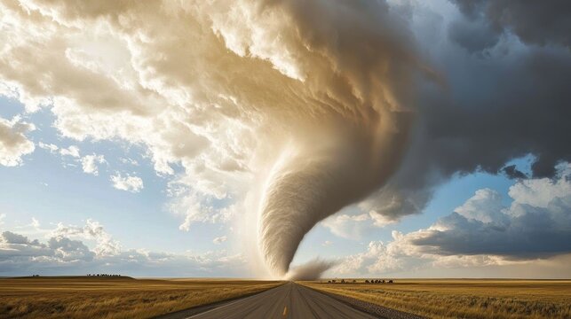 Massive tornado funnel cloud descends from storm clouds over a vast prairie landscape with a road leading towards it