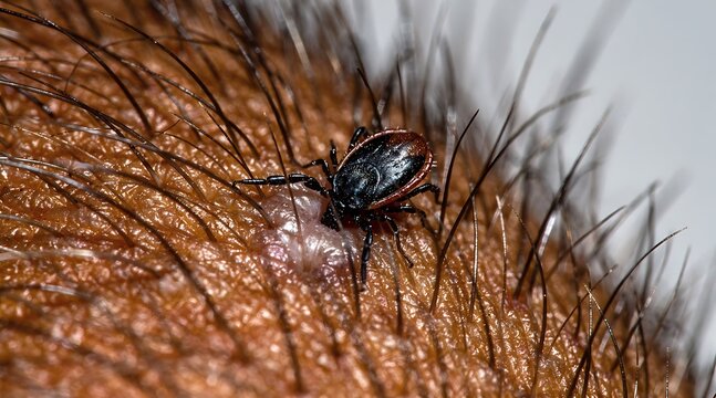 A close up view of a tick feeding on human skin.