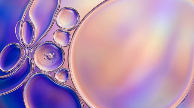 Abstract colorful oil drops and bubbles floating on water with vibrant purple and peach tones.