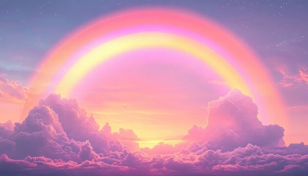 Dreamy pastel sunrise with glowing rainbow arch over fluffy pink and purple clouds, golden horizon, faint stars above and distant birds, evoking serene magical wonder