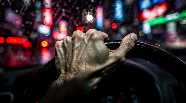 Creepy skeleton hand driving a car at night in the city.