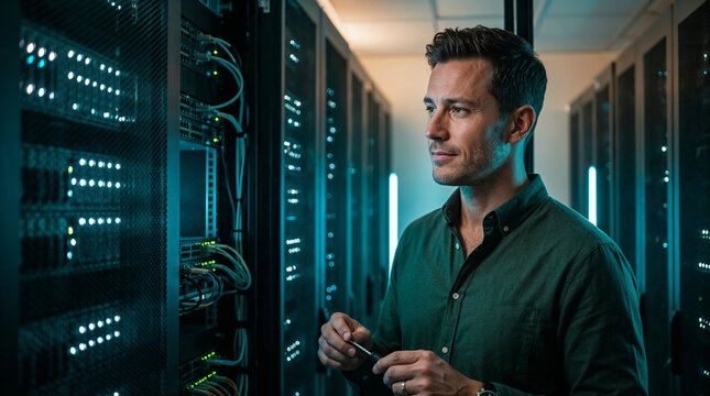 T specialist holding a tool and looking thoughtfully at server racks in a modern data center.