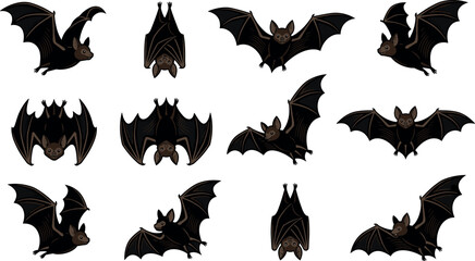Spooky halloween black bat vector element bundle featuring cartoon animals flying spreading wings and hanging upside down isolated on white background © SM
