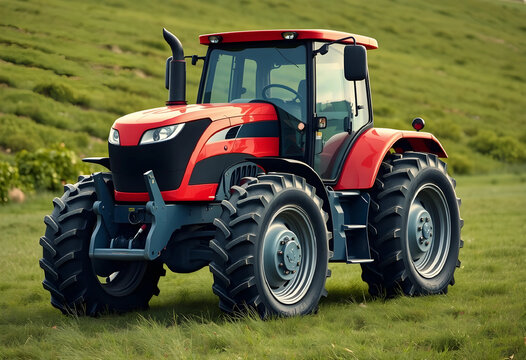 Modern red farm tractor parked on a green grassy field, agricultural machinery and farming equipment
