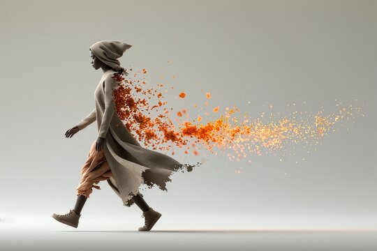 3D walking woman dissolving into digital pixels and orange particles concept
