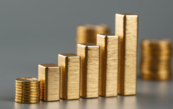 Golden staircase bar chart symbolizing financial growth, investment success, and economic progress