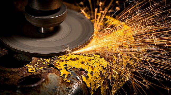 Industrial metal grinding process creating bright sparks in a workshop.