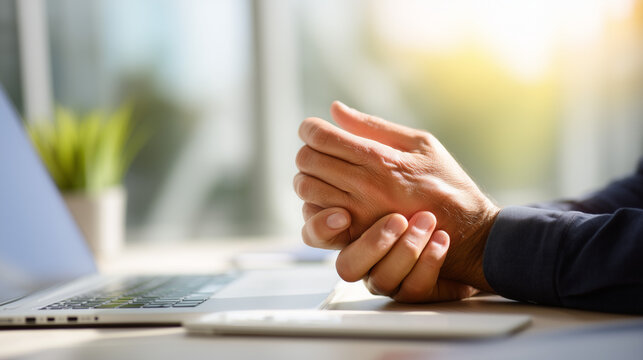 Close-up of a person holding a painful wrist while working at a laptop. Repetitive strain injury, carpal tunnel syndrome, office ergonomics and workplace health concept.