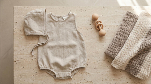 Minimalist Baby Layette Mockup Beige Linen Romper Bonnet, Wooden Rattle, Knit Blanket, Neutral Nursery Decor, Flat Lay Photography Professional Lifestyle Branding Aesthetic Soft Natural Modern Display