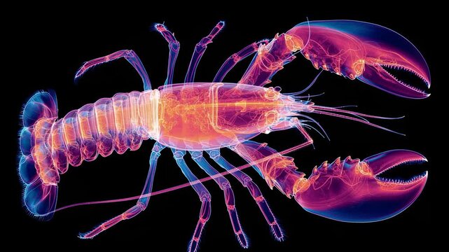 Vibrant neon lobster artwork, transparent body anatomy, detailed claws, colorful gradient hues, minimalist black background, futuristic digital art style, educational scientific imagery