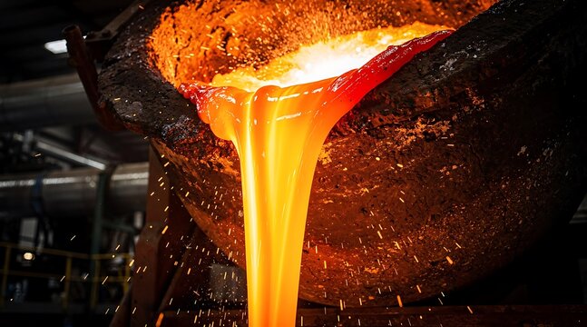 Molten metal pouring from a industrial ladle in a foundry.