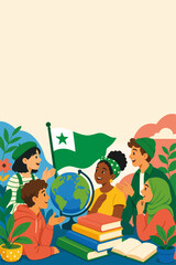 Fototapeta premium Diverse group of students learning Esperanto. Flat design vector illustration of people with globe, books and Esperanto flag. Global language education concept
