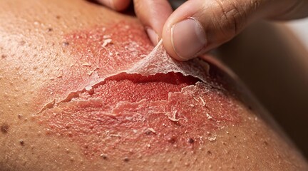 Fototapeta premium Severe skin peeling and sunburn on human shoulder.