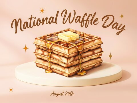 A beautiful illustration for National Waffle Day featuring a delicious stack of waffles served on August 24