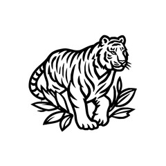 Fototapeta premium A black and white line art depiction of a tiger standing amidst foliage in a minimalist design style