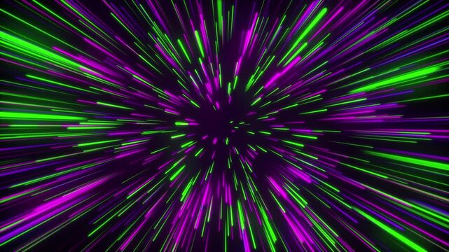 Neon Hyperspace Warp Speed Starburst Motion Loop - Purple Green Light Streaks Flying Through Space Tunnel Effect - Fast Zooming Stars Sci Fi Background For Futuristic Technology And Cyber Overlay Vide