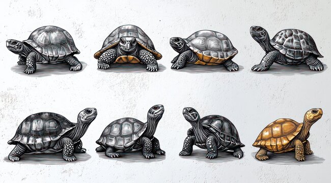 nine illustrated tortoises arranged in two rows, detailed black and white drawings with one golden tortoise, calm curious expressions and varied poses