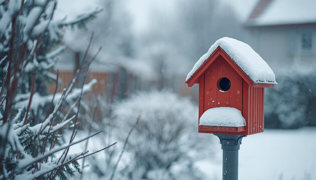 Colorful wooden bird feeder in a quiet snow-covered garden &mdash; part of a winter pop of color series