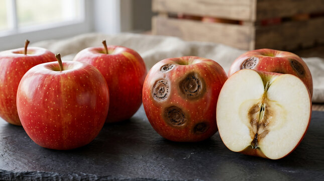 Apples showing signs of fungal disease and decay sit on a dark stone surface to represent agricultural challenges, orchard crop loss, and the natural process of fruit spoilage in food production.