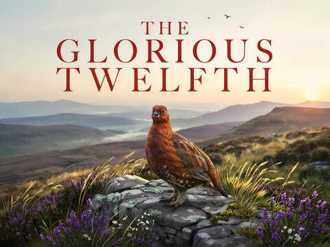 A red grouse standing on a rocky mountain moorland at sunrise with text overlay stating The Glorious Twelfth