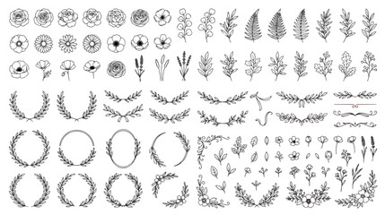 Hand drawn floral line art collection, botanical wreaths and flower branch vectors, minimalist garden foliage elements for wedding invitations © Rafay