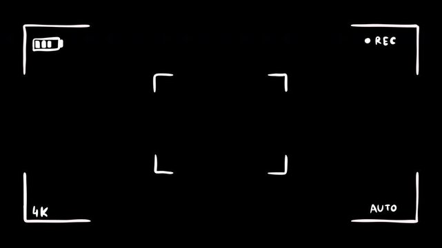 Hand drawn camera viewfinder HUD interface overlay with white sketched lines on black background. Features battery status, record button, frame guides, auto focus and 4k resolution indicators