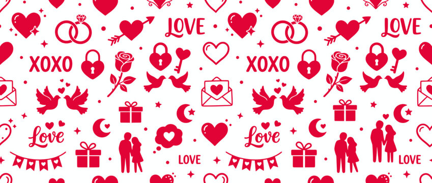 Seamless Love Pattern with Red Icons on White