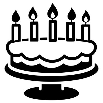 Birthday cake with five lit candles for celebration. Minimalist black and white dessert illustration for party invitations.