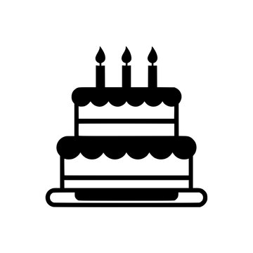 Three-tier birthday cake with lit candles for celebration. Classic dessert design perfect for party invitations and event graphics.