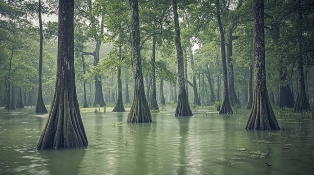 Misty swamp forest with cypress trees standing in murky water during a summer monsoon rain