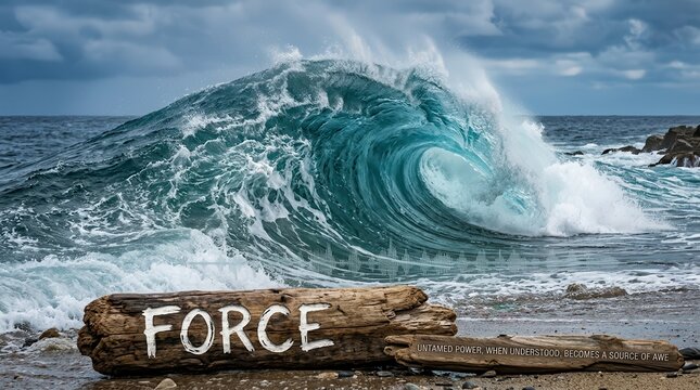 Massive ocean wave crashes on shore with inspirational message on log