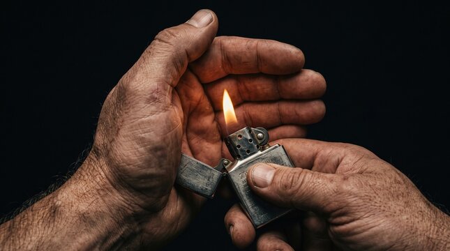 Hands Holding Lit Lighter in Dark Environment