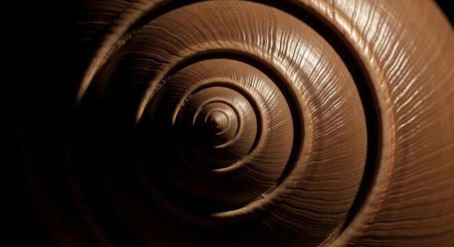 Macro detail of a natural spiral snail shell with intricate texture and golden lighting against a dark background