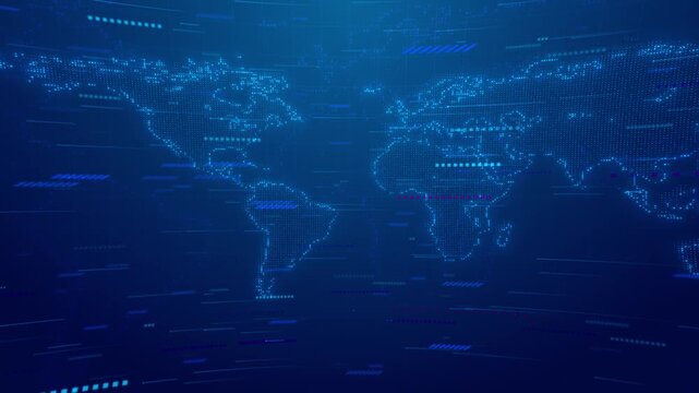 Global data map interface visual with blue dotted continents, dashboard lines, and digital network depth. Perfect for analytics videos, business screens, tech reports, and overlays.