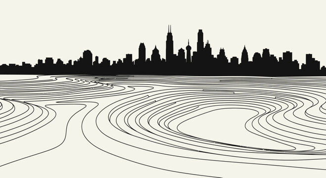 Abstract Chicago Cityscape Silhouette with Topographic Lines