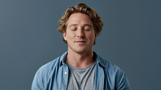 Young man closed eye calm mindful meditation mental health harmony portrait young adult with relaxed face on blue background